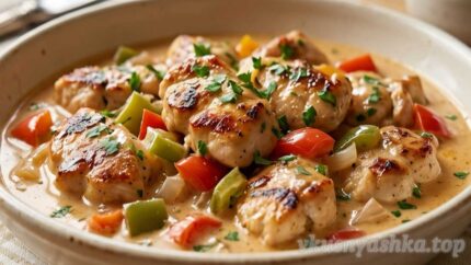 Нежная курица в сливочно-овощном соусе с воздушным пюре